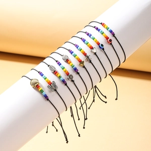 Bracciale Intrecciato Bohemien Ciondolo Farfalla Malocchio Conchiglia in Lega Perline Arcobaleno Regolabile Donna Gioielli
