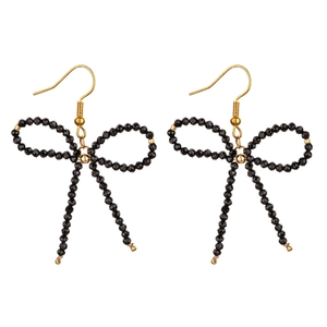 Vintage bohemian bow earrings with black faceted beads and gold hooks for women