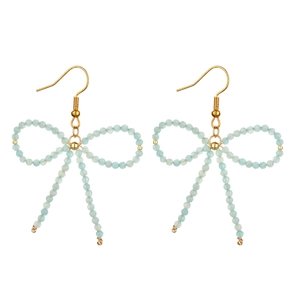 Handmade light blue beaded bow earrings with gold accents and fishhook style drops