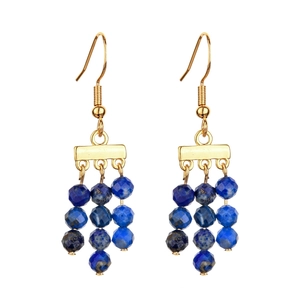 Detail of gold drop earrings featuring layered blue faceted stones for beach vacation