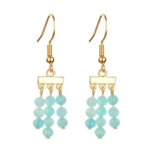 Bohemian light blue stone fringe drop earrings with gold hooks for beach vacations