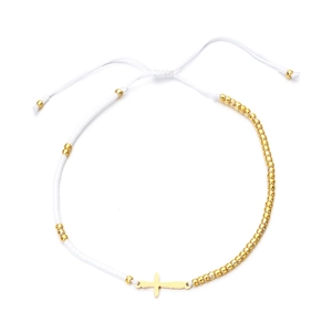 Bracelet fait main en perles blanches avec pendentif croix et cordon ajustable