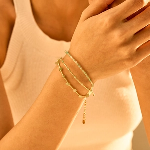 Three-layer bohemian stackable bracelet set with light green natural stone and gold beads