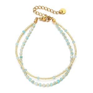 Double-layered gold bead and faceted light blue natural stone bracelet with lobster clasp