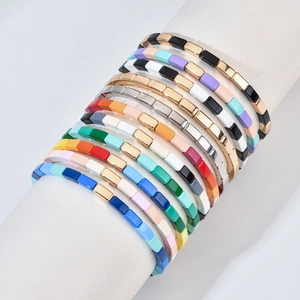 Pulsera Elástica de Aleación Esmaltada de Colores Estilo Cuentas Tila Joyería Bohemia de Bloque Rectangular Geométrico para Mujer Accesorio de Diario