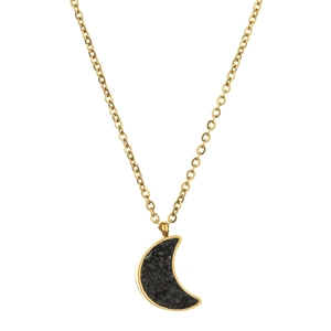 Macro shot of crescent moon pendant featuring black druzy crystals on a gold steel chain