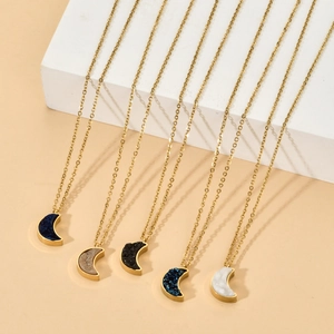 Stainless Steel Minimalist Moon Square Druzy Crystal Pendant Necklace For Women Elegant Natural Stone Fashion Jewelry