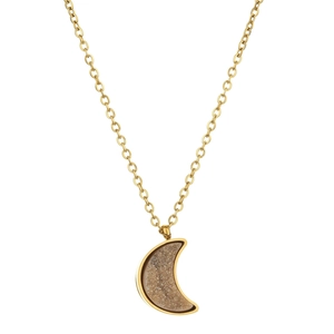 Detailed view of crescent moon pendant featuring brown crystal druzy on gold chain