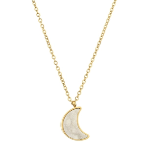 Close-up of golden crescent moon pendant with white druzy crystal inlay on stainless steel chain