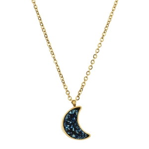 Elegant gold crescent moon pendant necklace with blue druzy crystal and stainless steel chain