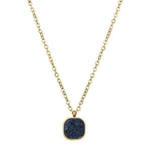 Detailed view of square blue crystal pendant on gold stainless steel chain necklace