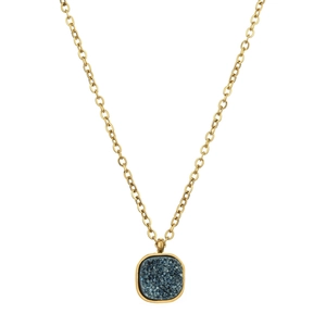 Detailed view of square blue crystal cluster pendant on a gold stainless steel chain