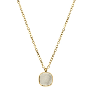 Close-up of golden square necklace with natural white druzy crystal stone detail