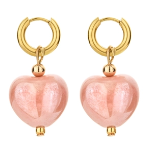 Pink heart pendant earrings with gold hoops and stone texture on white background