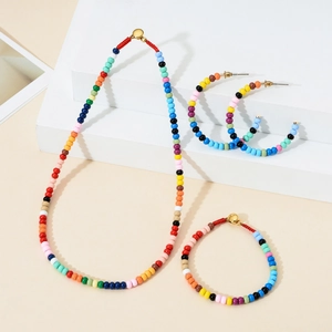 Bohemian colorful beaded jewelry set with necklace bracelet and hoop earrings for women