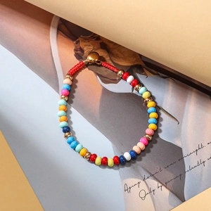 Handmade Colorful Beaded Bracelet For Women Alloy Gold Metal Spacers Red Woven Rope Niche Design Boho Chic Hand Jewelry Gift