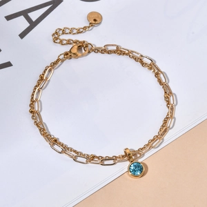 Bracelet double chaîne en acier inoxydable doré avec pendentif en zircon bleu