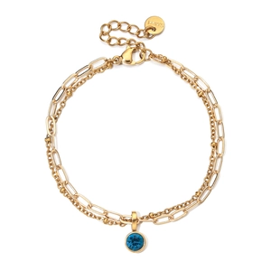 Bracelet double rang en acier inoxydable doré avec pendentif cristal bleu foncé sur fond blanc
