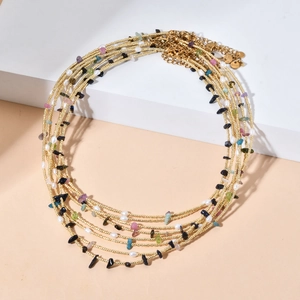 Elegant multi-layer gold bead necklace with natural colorful gravel and pearls