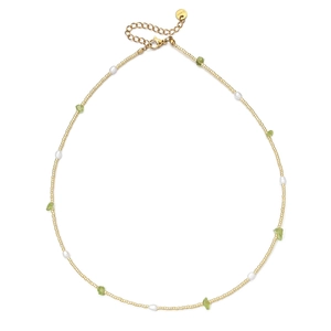 Gold-plated stainless steel necklace with green crushed stones and white pearls