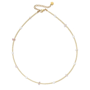 Gold beaded necklace with white pearls and pink gravel stones on a clean white background