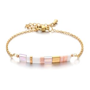 Gold plated stainless steel bracelet with colorful Tila beads and lobster clasp