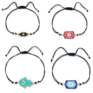Handmade Woven Miyuki Bead Bracelet For Women Stainless Steel Chain Evil Eye Hamsa Hand Adjustable Bohemian Jewelry