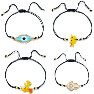 Set of four handmade woven seed bead bracelets with evil eye and cartoon bird charms