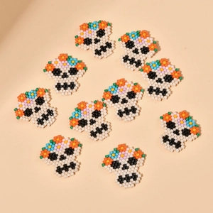 Handmade MIYUKI seed bead skull charms with colorful floral crowns for DIY jewelry