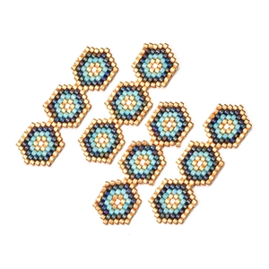Handmade MIYUKI bead earrings with bohemian hexagonal patterns in gold and blue tones