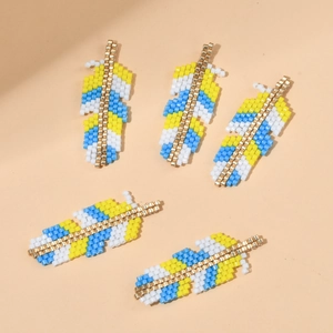 Handmade MIYUKI seed bead feather pendants in yellow, blue, and gold bohemian style