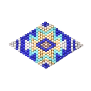 Handmade MIYUKI seed bead geometric diamond pendant with ethnic blue and gold patterns