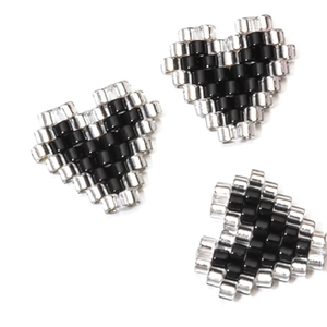 Three handmade MIYUKI glass seed bead heart charms with black and silver geometric patterns