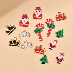 Handmade beaded Christmas Santa Claus tree and crown charms set in colorful seed beads