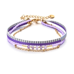 Bracelet bohème multicouche avec ruban violet, perles et chaînes en acier inoxydable