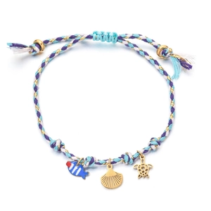 Handmade ocean series braided bracelet with gold scallop turtle and fish charms