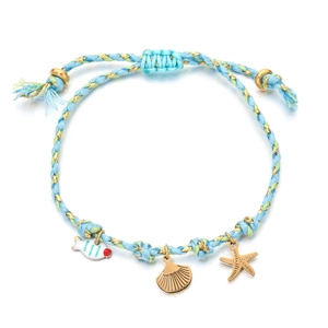 Handmade ocean themed blue green braided bracelet with fish shell and starfish charms