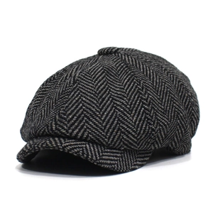 Berretto newsboy classico in tweed grigio a spina di pesce con visiera e bottone