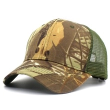 Detail of camouflage trucker hat with breathable mesh back and classic curved brim