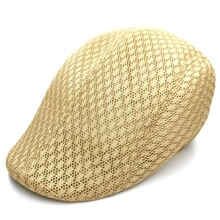 Detail view of khaki knit flat cap showing breathable diamond mesh structure for summer