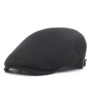 Breathable black mesh flat cap with adjustable side metal buckle for outdoor summer wear