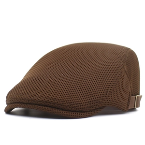Dark brown mesh flat top cap with breathable fabric and adjustable metal back buckle