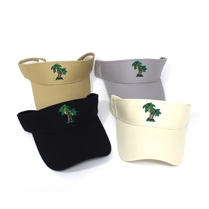 Cotton open top sun visors with coconut tree embroidery in khaki, gray, black, and beige