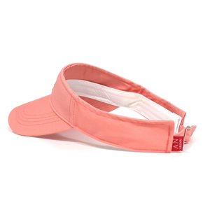 Detailed view of pink sun visor with sweatband and adjustable metal buckle