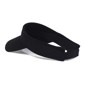 Detail of adjustable hook and loop closure on a black cotton sun visor hat for outdoor sport