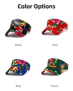 Detail view of ethnic floral sun visor hats in black, red, blue, and green canvas fabric