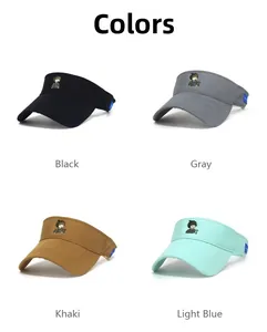 Dettaglio di quattro visiere parasole in nero, grigio, kaki e blu con ricami a cartoni