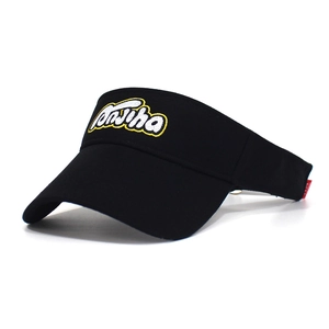 Detail of black cotton sun visor showing 3D embroidered Tenjiha logo and curved brim