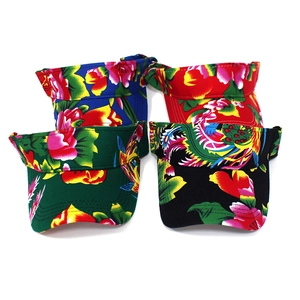 Set of four traditional Chinese floral print sun visors in red, blue, green, and black