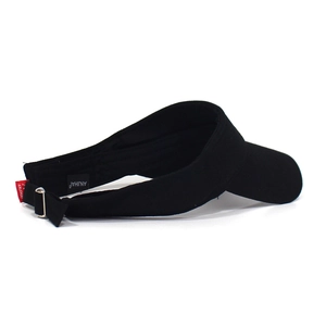 Detail view of the black cotton sun visor with metal adjustable buckle and brand label